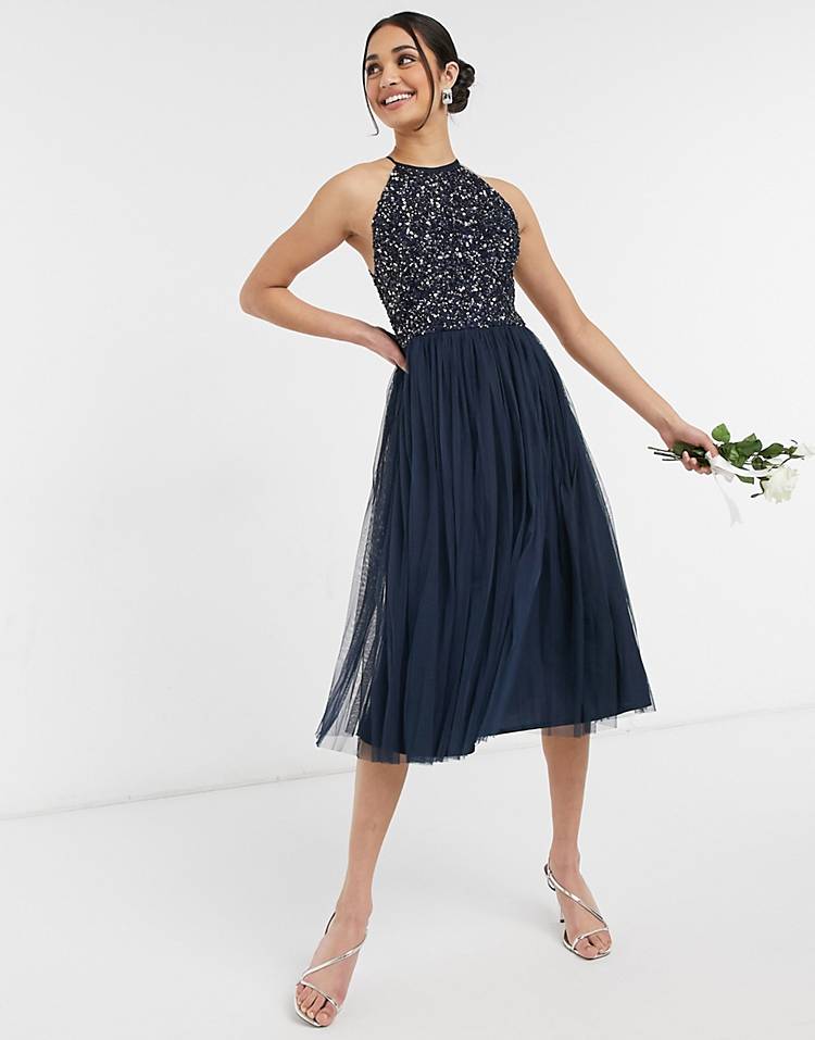 Maya Bridesmaid halter neck midi tulle dress with tonal delicate sequins in navy